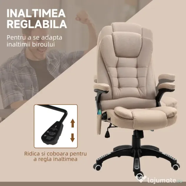 Scaun birou Vinsetto cu 6 puncte de masaj si functie de incalzire si reglabil pe inaltime, bej | Aosom Romania