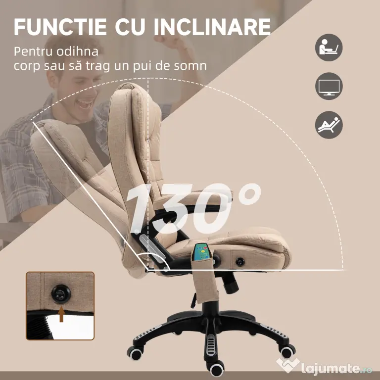 Scaun birou Vinsetto cu 6 puncte de masaj si functie de incalzire si reglabil pe inaltime, bej | Aosom Romania