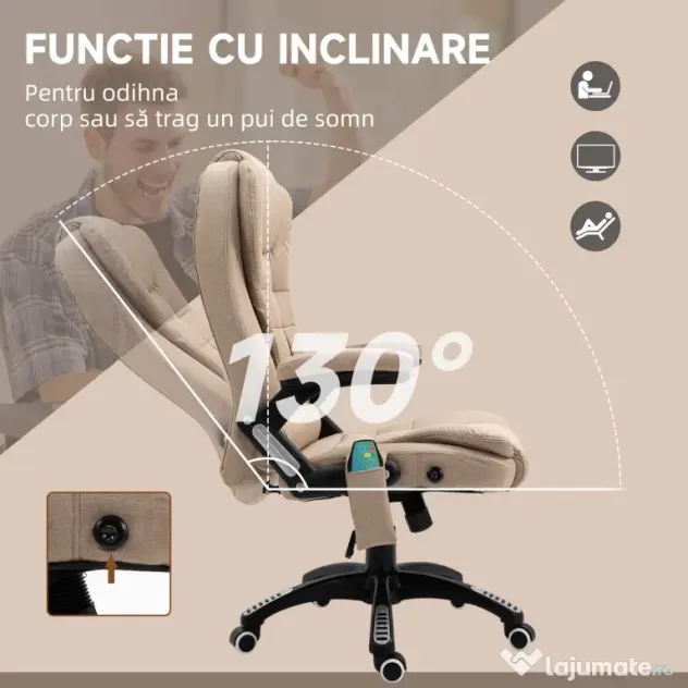Scaun birou Vinsetto cu 6 puncte de masaj si functie de incalzire si reglabil pe inaltime, bej | Aosom Romania
