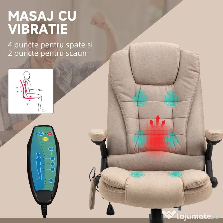 Scaun birou Vinsetto cu 6 puncte de masaj si functie de incalzire si reglabil pe inaltime, bej | Aosom Romania