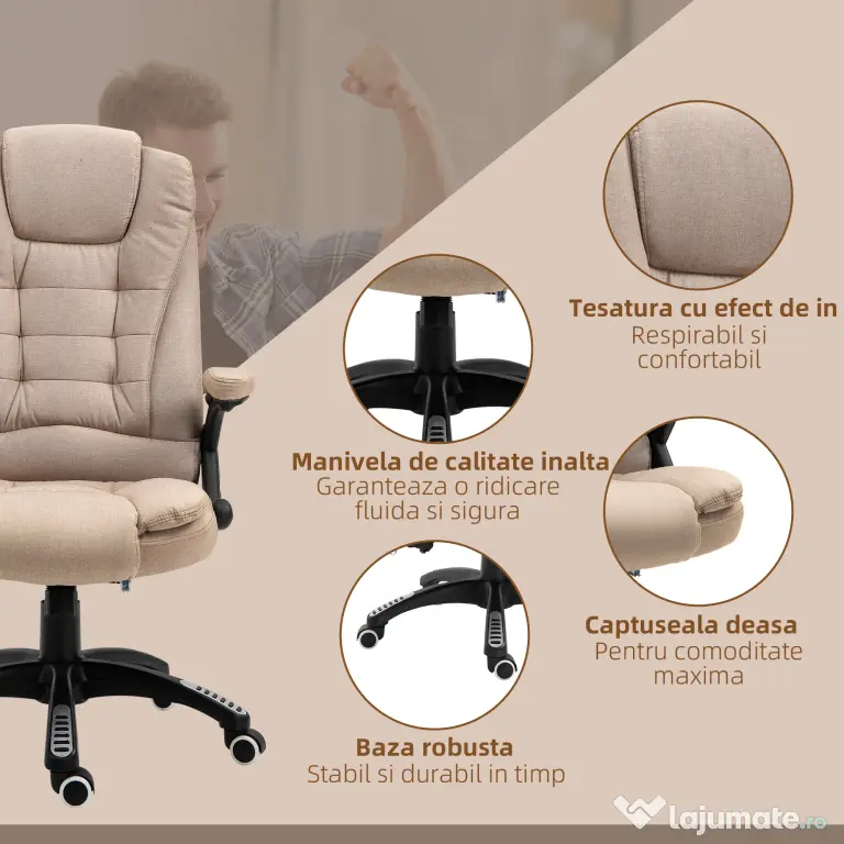 Scaun birou Vinsetto cu 6 puncte de masaj si functie de incalzire si reglabil pe inaltime, bej | Aosom Romania