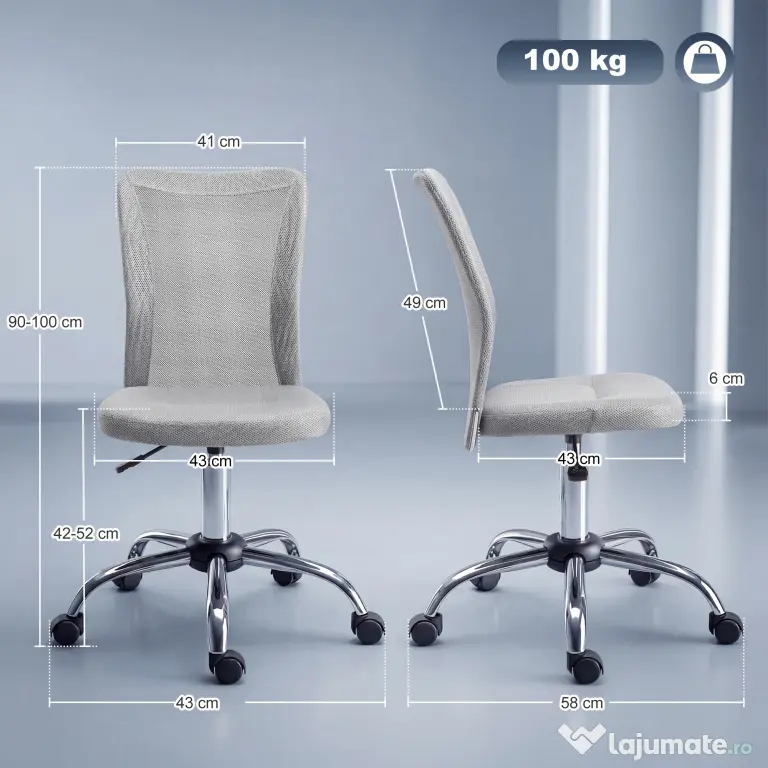 Vinsetto Scaun de Birou Ergonomic Fără Cotiere din Țesătură tip Plasă Gri | Aosom Romania