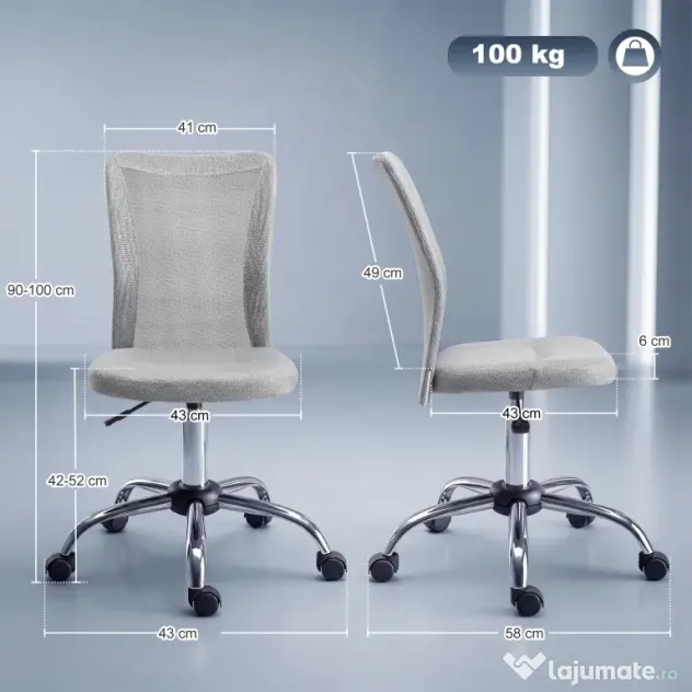 Vinsetto Scaun de Birou Ergonomic Fără Cotiere din Țesătură tip Plasă Gri | Aosom Romania
