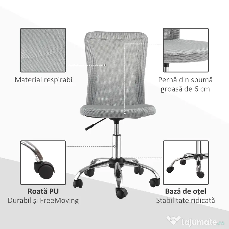 Vinsetto Scaun de Birou Ergonomic Fără Cotiere din Țesătură tip Plasă Gri | Aosom Romania