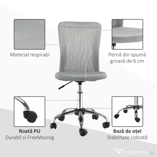 Vinsetto Scaun de Birou Ergonomic Fără Cotiere din Țesătură tip Plasă Gri | Aosom Romania