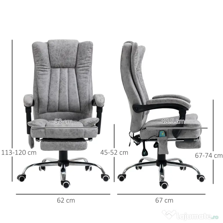 Scaun birou masaj si incalzire, pivotant 360°,62x67x113-120 cm,120 kg,Vinsetto | Aosom Romania