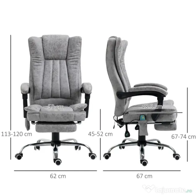 Scaun birou masaj si incalzire, pivotant 360°,62x67x113-120 cm,120 kg,Vinsetto | Aosom Romania