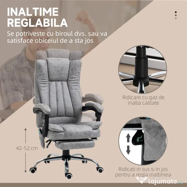 Scaun birou masaj si incalzire, pivotant 360°,62x67x113-120 cm,120 kg,Vinsetto | Aosom Romania