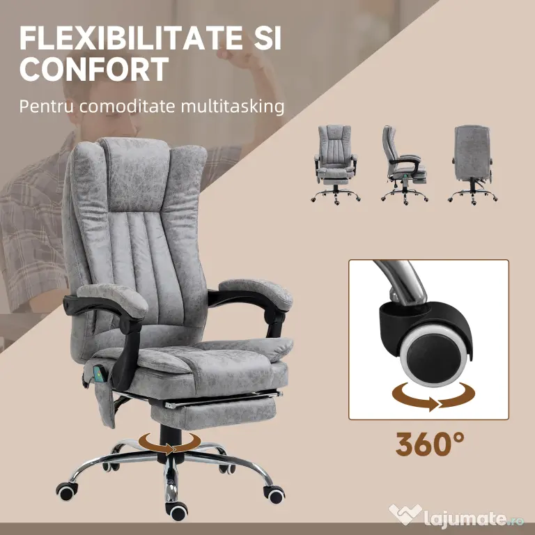Scaun birou masaj si incalzire, pivotant 360°,62x67x113-120 cm,120 kg,Vinsetto | Aosom Romania