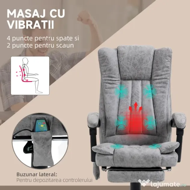 Scaun birou masaj si incalzire, pivotant 360°,62x67x113-120 cm,120 kg,Vinsetto | Aosom Romania