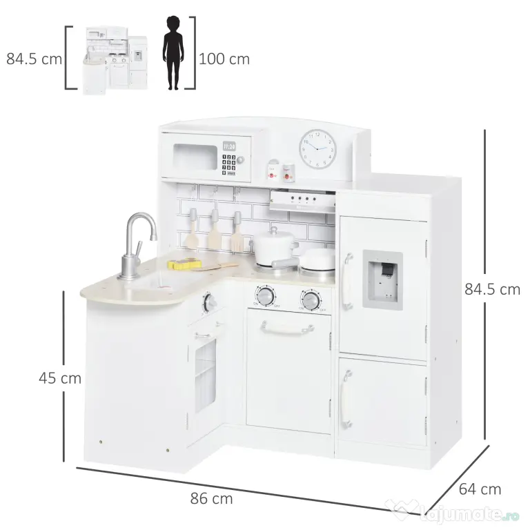 Bucatarie Jucarie HOMCOM din lemn cu 14 Accesorii, Varsta 3+ Ani, 86x64x84.5cm, Alb si Argintiu | Aosom Romania