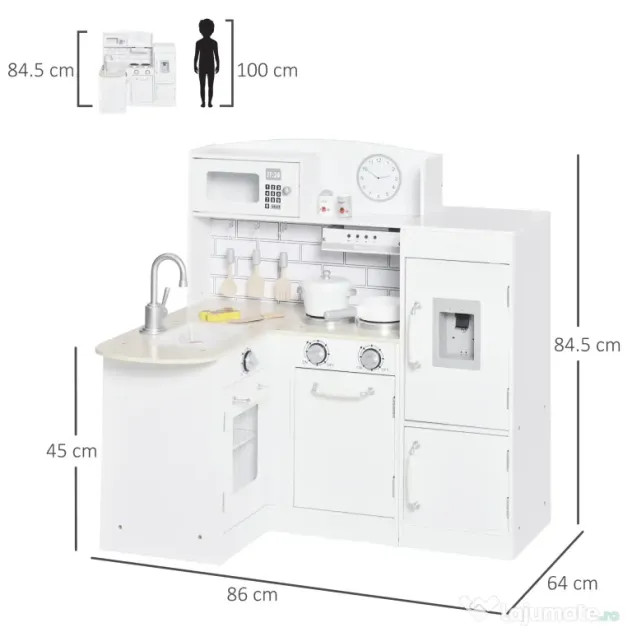 Bucatarie Jucarie HOMCOM din lemn cu 14 Accesorii, Varsta 3+ Ani, 86x64x84.5cm, Alb si Argintiu | Aosom Romania