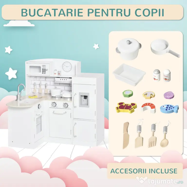Bucatarie Jucarie HOMCOM din lemn cu 14 Accesorii, Varsta 3+ Ani, 86x64x84.5cm, Alb si Argintiu | Aosom Romania