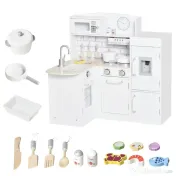 Homcom Bucatarie Jucarie Lemn – Accesorii Incluse, Chiuveta & Frigider