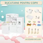 Homcom Bucatarie Jucarie Lemn – Accesorii Incluse, Chiuveta & Frigider