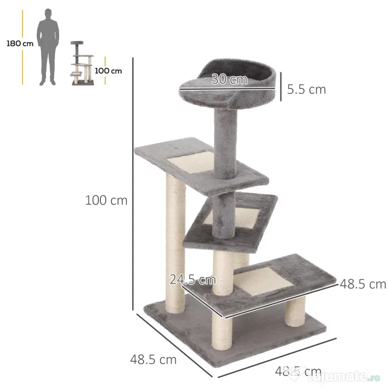PawHut Arbore de Zgâriat pentru Pisici cu Culcuș Rotund, Stâlpi din Sisal și Acoperire din Pluș, 48,5x48,5x100 cm, Gri | Aosom Romania