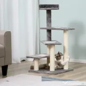 PawHut Copac pentru Pisici de 100 cm cu Pat Rotund, Stâlpi din Sisal și Acoperire de Pluș, Gri 