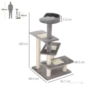 PawHut Copac pentru Pisici de 100 cm cu Pat Rotund, Stâlpi din Sisal și Acoperire de Pluș, Gri 