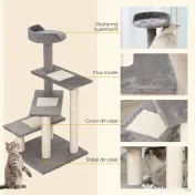 PawHut Copac pentru Pisici de 100 cm cu Pat Rotund, Stâlpi din Sisal și Acoperire de Pluș, Gri 