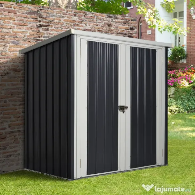 Magazie de gradina Outsunny din tabla de otel, sopron cu usa dubla cu sistem de blocare, casuta de gradina pentru unelte, alb-negru | Aosom RO
