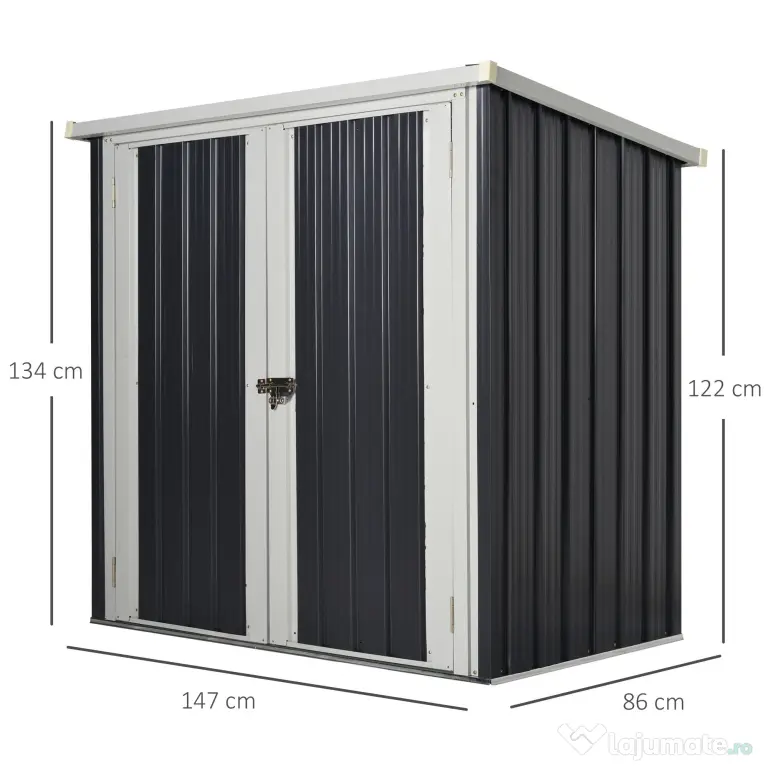 Magazie de gradina Outsunny din tabla de otel, sopron cu usa dubla cu sistem de blocare, casuta de gradina pentru unelte, alb-negru | Aosom RO