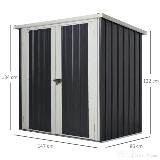 Magazie de gradina Outsunny din tabla de otel, sopron cu usa dubla cu sistem de blocare, casuta de gradina pentru unelte, alb-negru | Aosom RO