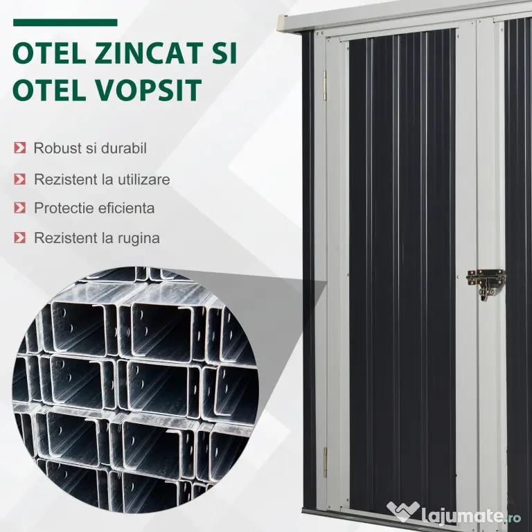 Magazie de gradina Outsunny din tabla de otel, sopron cu usa dubla cu sistem de blocare, casuta de gradina pentru unelte, alb-negru | Aosom RO