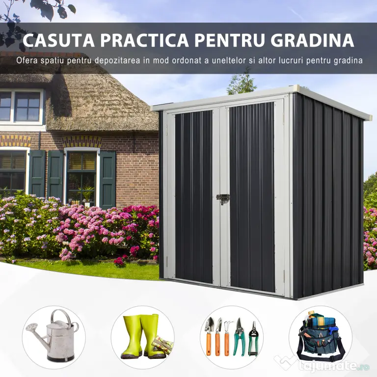Magazie de gradina Outsunny din tabla de otel, sopron cu usa dubla cu sistem de blocare, casuta de gradina pentru unelte, alb-negru | Aosom RO
