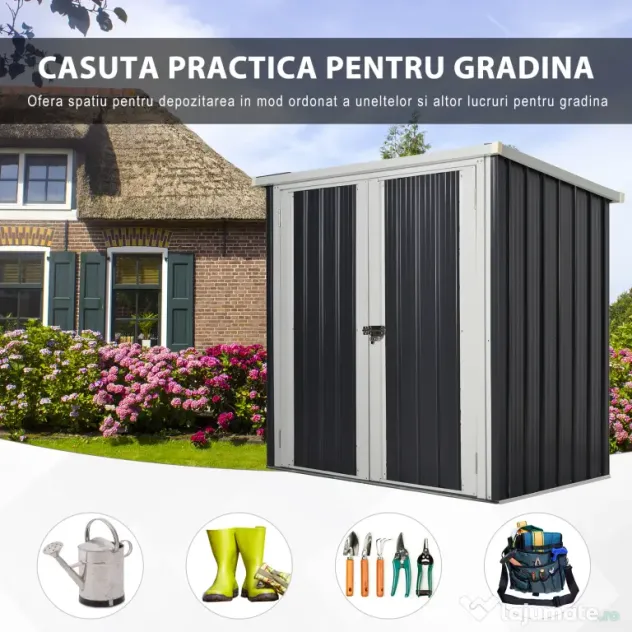 Magazie de gradina Outsunny din tabla de otel, sopron cu usa dubla cu sistem de blocare, casuta de gradina pentru unelte, alb-negru | Aosom RO