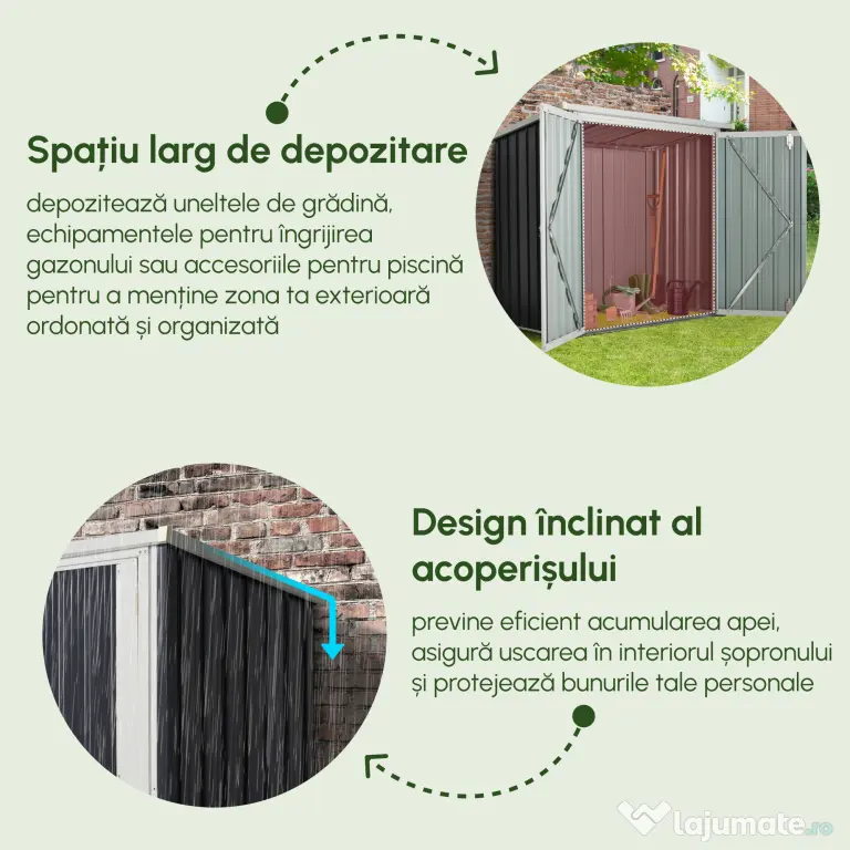 Magazie de gradina Outsunny din tabla de otel, sopron cu usa dubla cu sistem de blocare, casuta de gradina pentru unelte, alb-negru | Aosom RO