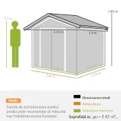 Outsunny Magazie de Grădină pentru Scule și Unelte, Căsuță Metalică de Exterior cu Uși Glisante și Fante de Aerisire, Rezistentă la Intemperii, 213x127x185 cm, Gri 