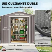 Outsunny Magazie de Grădină pentru Scule și Unelte, Căsuță Metalică de Exterior cu Uși Glisante și Fante de Aerisire, Rezistentă la Intemperii, 213x127x185 cm, Gri 