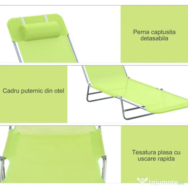 Outsunny Sezlong pentru Gradina Pliabil cu Spatar Reclinabil Verde deschis | Aosom Romania