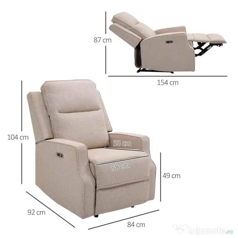 HOMCOM Fotoliu Electric, Fotoliu Rabatabil la 150° Modern cu USB pentru Camera de Zi, Dormitor, 84x94x102 cm, Bej | Aosom Romania