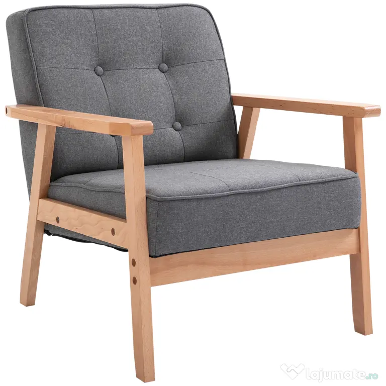 HOMCOM Fotoliu Vintage Stil Scandinav Moale și Confortabil Capitonat cu Butoni, 64,5x70x74 cm, Gri | Aosom Romania