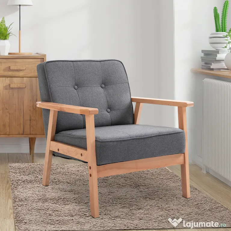 HOMCOM Fotoliu Vintage Stil Scandinav Moale și Confortabil Capitonat cu Butoni, 64,5x70x74 cm, Gri | Aosom Romania