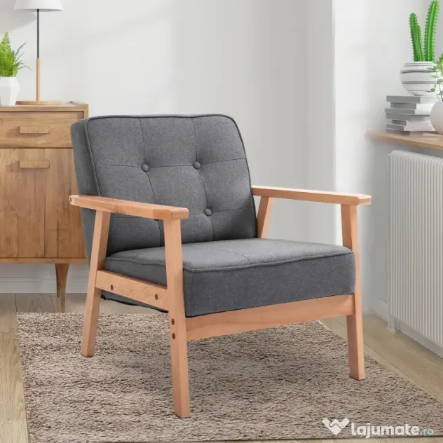 HOMCOM Fotoliu Vintage Stil Scandinav Moale și Confortabil Capitonat cu Butoni, 64,5x70x74 cm, Gri | Aosom Romania