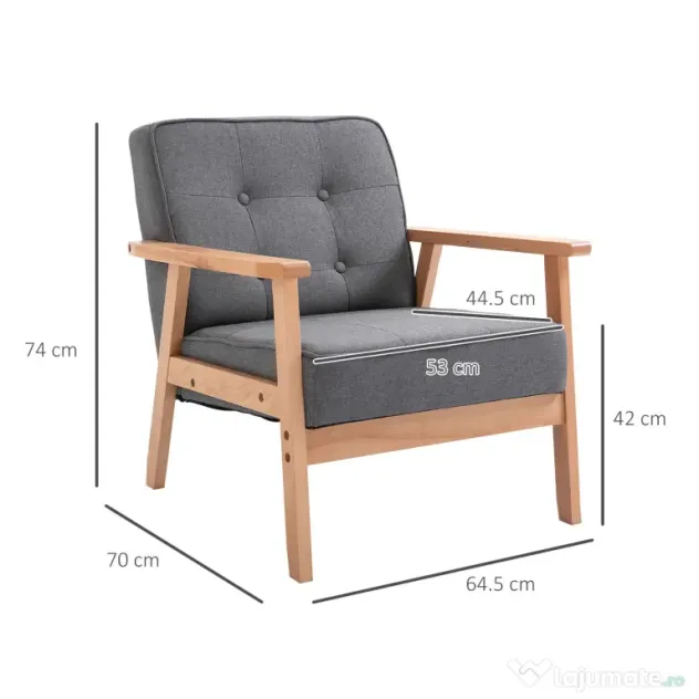HOMCOM Fotoliu Vintage Stil Scandinav Moale și Confortabil Capitonat cu Butoni, 64,5x70x74 cm, Gri | Aosom Romania