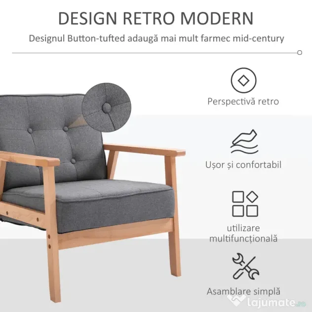 HOMCOM Fotoliu Vintage Stil Scandinav Moale și Confortabil Capitonat cu Butoni, 64,5x70x74 cm, Gri | Aosom Romania