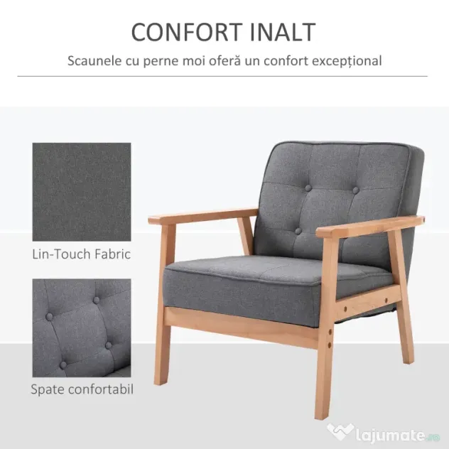 HOMCOM Fotoliu Vintage Stil Scandinav Moale și Confortabil Capitonat cu Butoni, 64,5x70x74 cm, Gri | Aosom Romania
