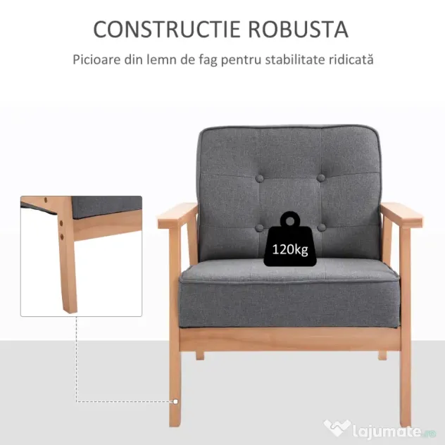 HOMCOM Fotoliu Vintage Stil Scandinav Moale și Confortabil Capitonat cu Butoni, 64,5x70x74 cm, Gri | Aosom Romania