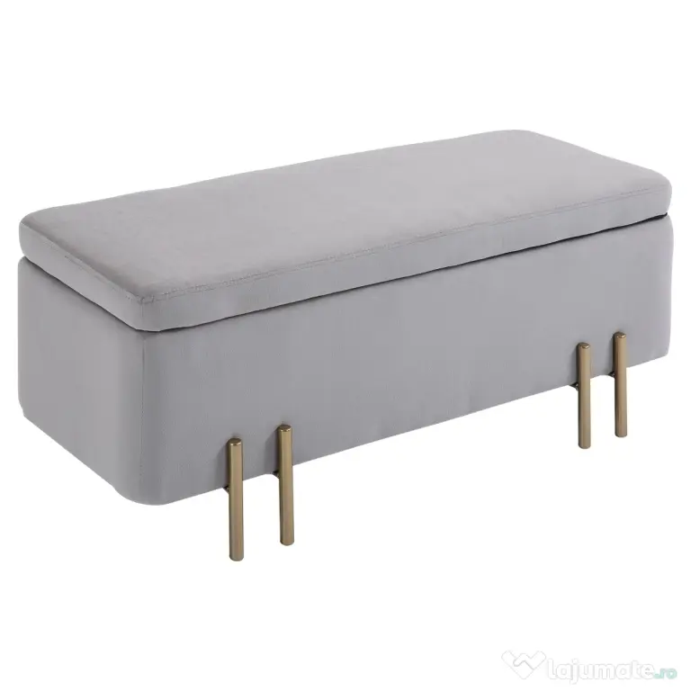 HOMCOM Bancă de Depozitare cu Șezut Tapițat și Picioare Lăcuite Aurii, 100x40x42 cm, Gri | Aosom Romania
