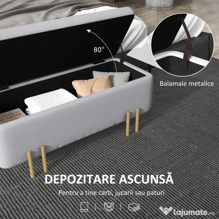 HOMCOM Bancă de Depozitare cu Șezut Tapițat și Picioare Lăcuite Aurii, 100x40x42 cm, Gri | Aosom Romania