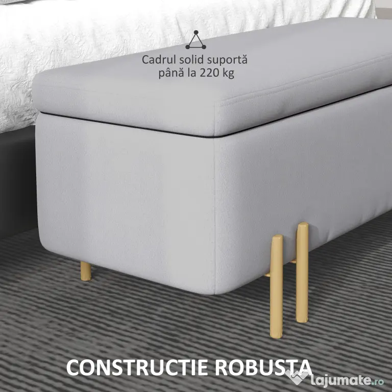 HOMCOM Bancă de Depozitare cu Șezut Tapițat și Picioare Lăcuite Aurii, 100x40x42 cm, Gri | Aosom Romania