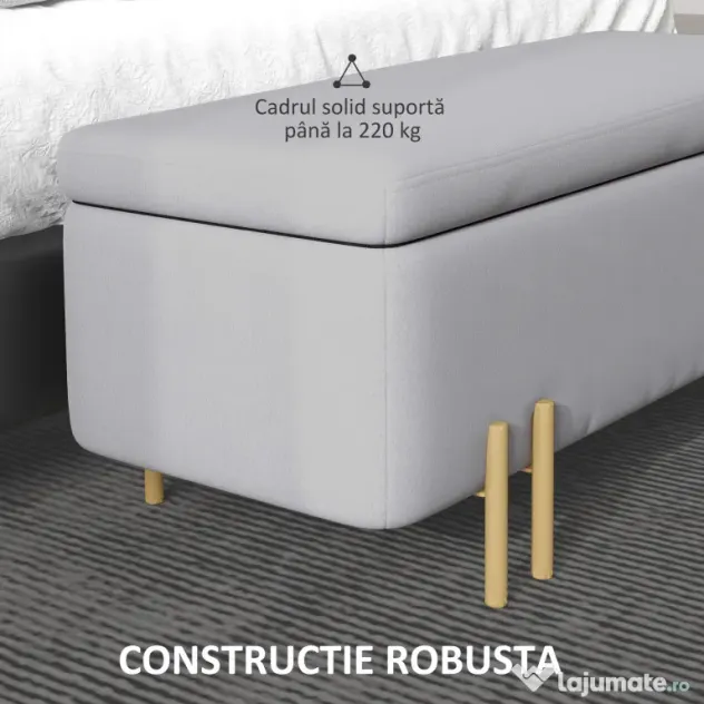 HOMCOM Bancă de Depozitare cu Șezut Tapițat și Picioare Lăcuite Aurii, 100x40x42 cm, Gri | Aosom Romania