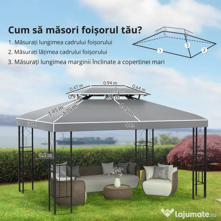 Outsunny Copertina pentru cort 4x3 m cu 2 niveluri, copertina pentru cort din poliester anti-UV cu chingi din Velcro, gri deschis