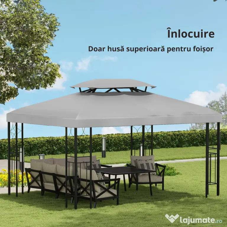 Outsunny Copertina pentru cort 4x3 m cu 2 niveluri, copertina pentru cort din poliester anti-UV cu chingi din Velcro, gri deschis