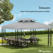 Outsunny Copertina pentru cort 4x3 m cu 2 niveluri, copertina pentru cort din poliester anti-UV cu chingi din Velcro, gri deschis