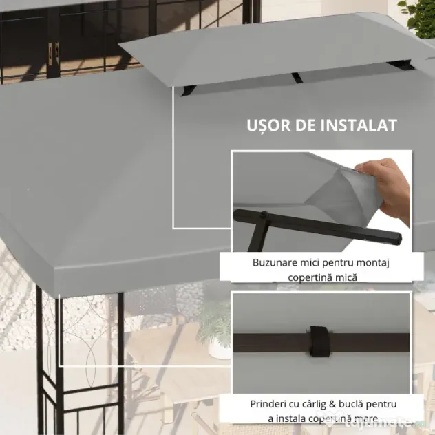 Outsunny Copertina pentru cort 4x3 m cu 2 niveluri, copertina pentru cort din poliester anti-UV cu chingi din Velcro, gri deschis