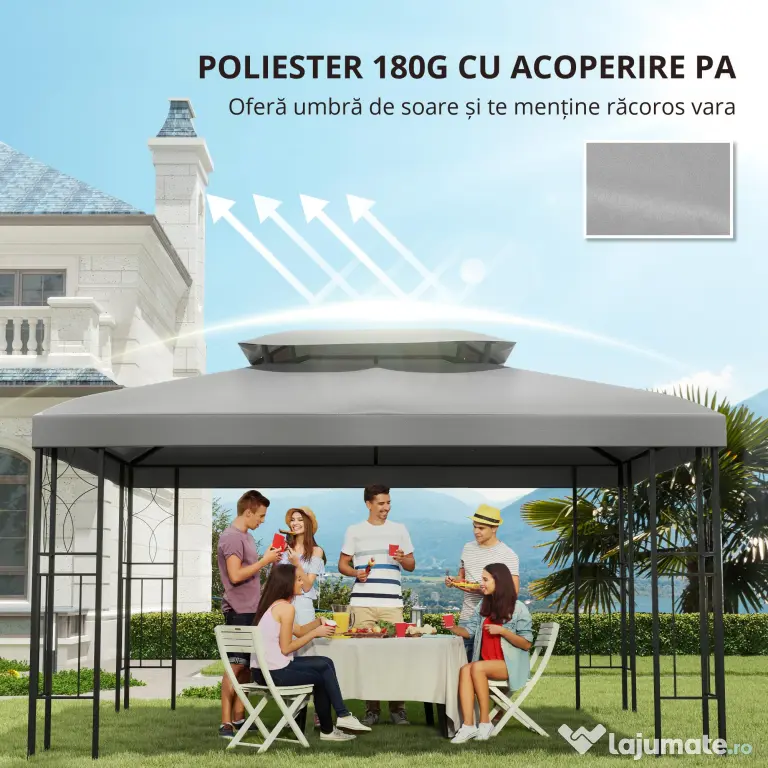 Outsunny Copertina pentru cort 4x3 m cu 2 niveluri, copertina pentru cort din poliester anti-UV cu chingi din Velcro, gri deschis